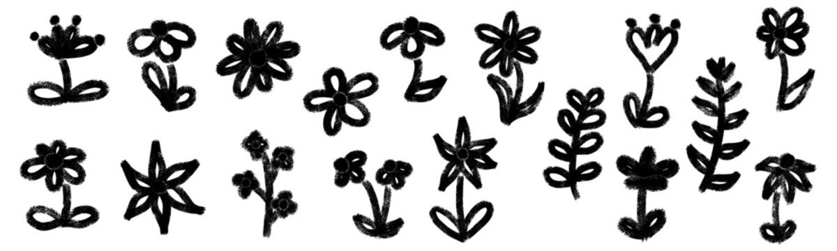 Hand drawn grunge floral collection with wild flowers, plants, leaves and branches in chalk crayon style, rough textured naive doodles, whimsical scribble scrapbook set. Vector illustration isolated