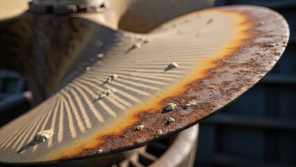 Close-up of a weathered, rusted metal propeller blade, textured and detailed
