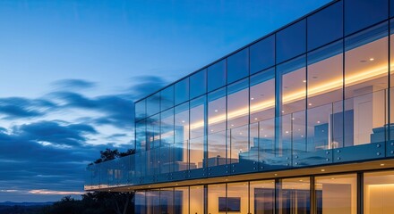 Naklejka premium Modern glass building at dusk, showcasing reflections and illuminated interiors
