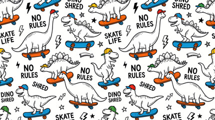 Skate Life Dinosaurs Seamless Pattern: Hand-Drawn Cartoon Dinos Riding Skateboards. Trendy Youth Doodle Wallpaper Background © Graphicnoell