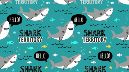 Friendly Cartoon Shark Seamless Pattern. Cute Ocean Repeat Background with "Shark Territory" Text, Waves, and Fish for Kids' Textile Print.