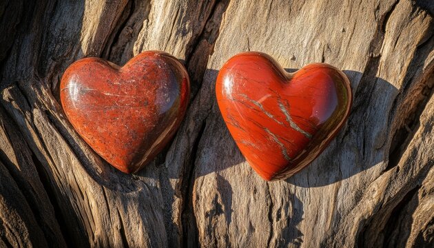 Two polished red stone hearts rest upon a textured piece of weathered wood