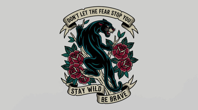 Aggressive Black Panther Tattoo Illustration with Red Roses and Motivational Banners: Stay Wild, Be Brave.