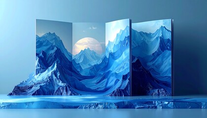 Abstract Blue Mountain Landscape with Moon and Panels.