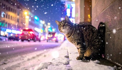 雪降る夜の街角で、立ち止まって見上げる可愛いトラ猫