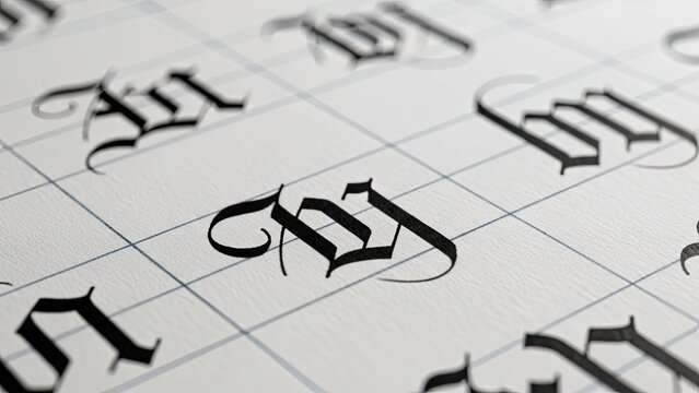 Old English calligraphy letters on grid paper, close-up, selective focus, elegant design