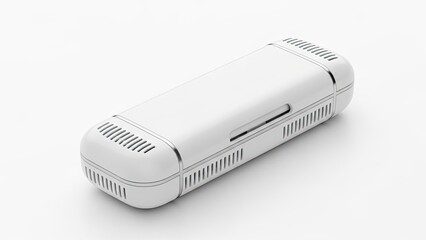 Sleek, white, rectangular device with rounded ends, ventilation, and a slot, on a plain background