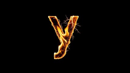 Fiery letter "y" glows against black background. Flames and embers detailing