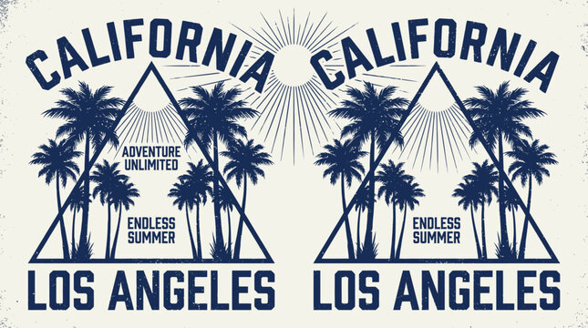 California Los Angeles Retro T-Shirt Design. Vintage Palm Trees, Sunburst, Grunge Texture. Endless Summer Adventure Unlimited.