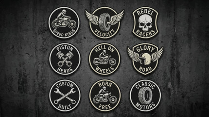 Vintage Motorcycle Biker Embroidered Patches Set. Skull, Speed, Wings, Piston Logos for Apparel and Club Design