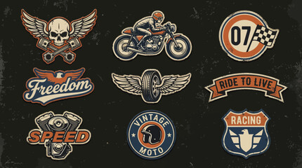 Vintage Motorcycle Patches Set. Retro Biker Badges featuring Skull, Cafe Racer, V-Twin Engine, Wings, and Racing Graphics. Grunge Style Emblems. © Graphicnoell