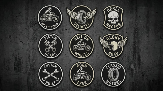 Vintage Motorcycle Biker Embroidered Patches Set. Skull, Speed, Wings, Piston Logos for Apparel and Club Design