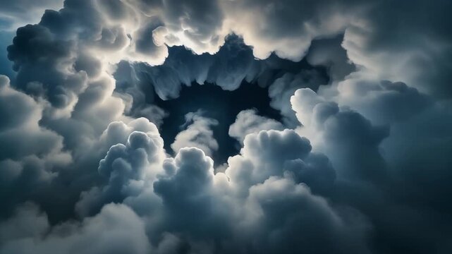 Dramatic storm cloud vortex with sunrays opening in dark sky