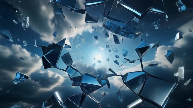 Shattered glass explosion over blue sky reflective shards floating cinematic background