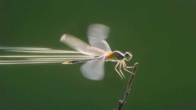 Golden dragonfly perched on twig macro with soft green bokeh background
