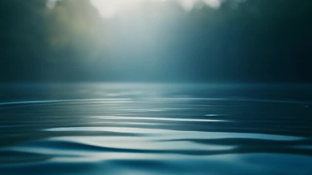 Calm water ripples at dawn with soft sunlight and morning mist closeup