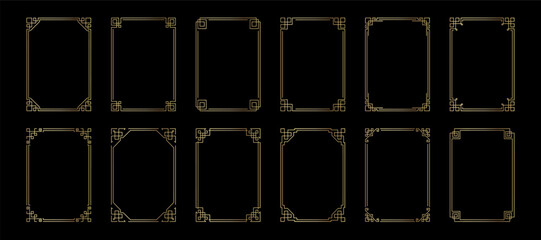 Obraz na płótnie Canvas Gold geometric photo frame set. Golden glowing rectangle boarder and vintage elegant decorative elements for wedding invitations. Vector illustration isolated on black background