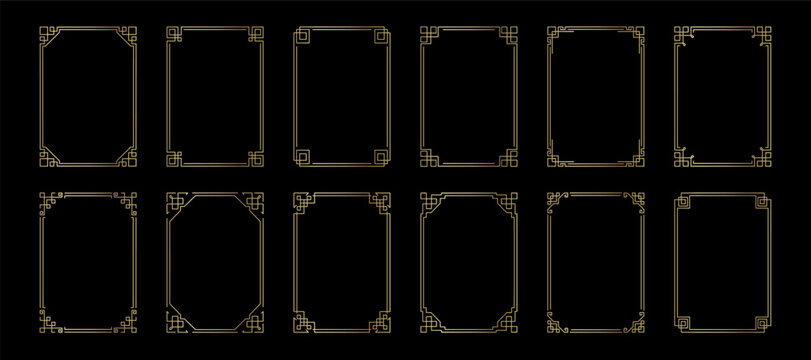 Gold geometric photo frame set. Golden glowing rectangle boarder and vintage elegant decorative elements for wedding invitations. Vector illustration isolated on black background