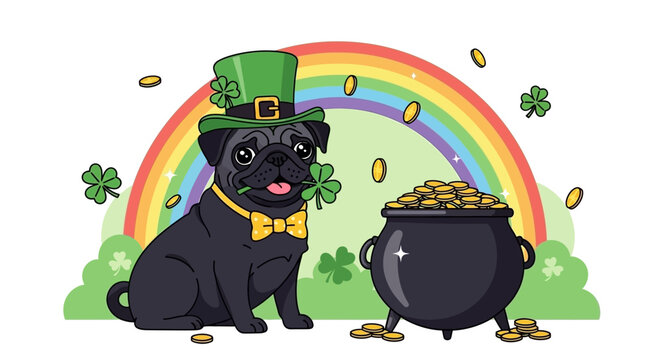 Adorable Pug Celebrating St. Patrick's Day with Rainbow, Pot of Gold, and Shamrocks