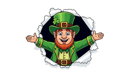 Happy Leprechaun Peeking Through Torn Paper with Open Arms, St. Patrick's Day