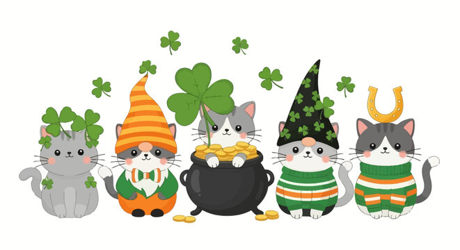 Cute St. Patrick's Day Cats with Clover, Pot of Gold, and Horseshoe