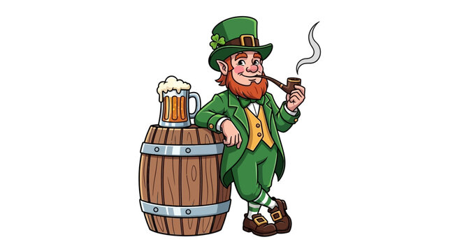 Irish Leprechaun Character with Beer Barrel and Pipe, Traditional Saint Patrick's Day Character