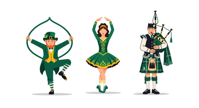 Irish Celebration Characters: Leprechaun, Dancer, and Bagpiper