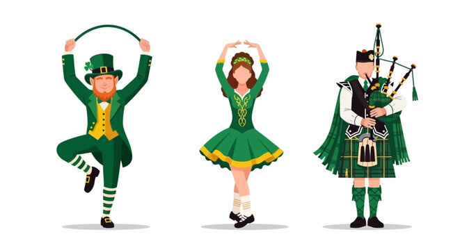 Irish Dancers and Bagpiper Celebrating St. Patrick's Day in Traditional Green Outfits