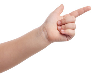 Little girl pointing on white background, closeup