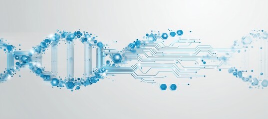 abstract technology background with a circuit board and dna double helix, light blue color theme, white background Generative AI