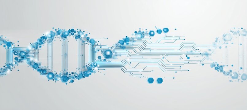 abstract technology background with a circuit board and dna double helix, light blue color theme, white background Generative AI