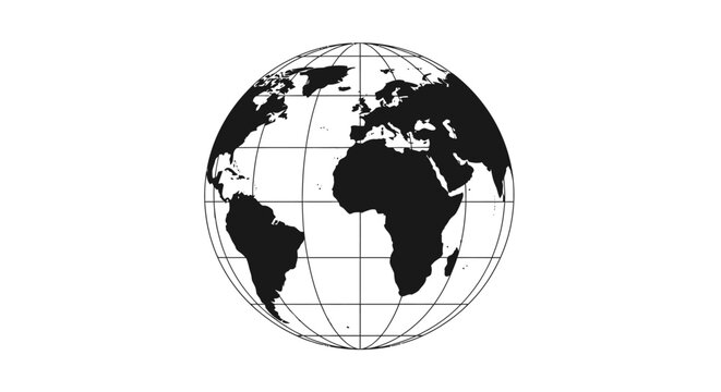 Global earth grid illustration in black and white, depicting continents for international connection. Simple world map graphic design.