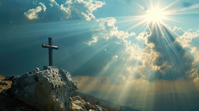 Mountain cross on rocky summit under sunbeams, dramatic clouds part to reveal golden rays over misty valley, cinematic light casting silhouette of wooden cross,