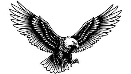 Fototapeta premium Black and white illustration of an eagle in mid-flight with extended wings