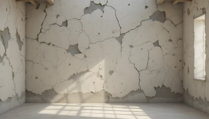 Cracked walls and peeling paint in an abandoned room illuminated by natural light streaming through a window