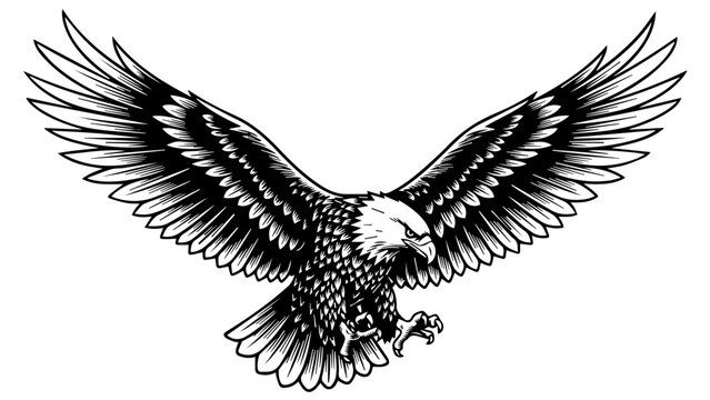 Black and white line art illustration of an eagle in mid-flight with wings extended and talons outstretched