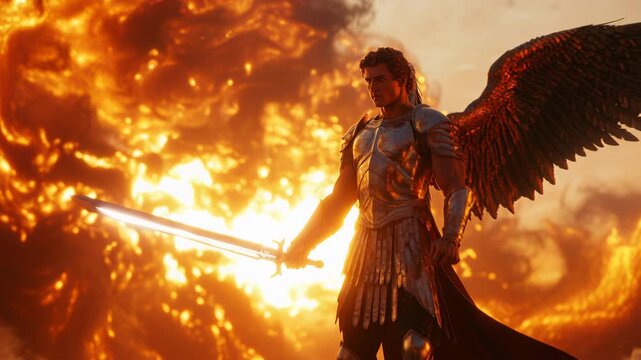 angel warrior holding glowing sword amid fiery cloudscape, towering wings spread, golden armor reflecting inferno light, cinematic dramatic mood, guardian