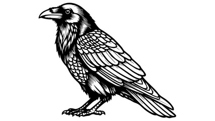 Fototapeta premium Black and white illustration of a raven or crow in a dynamic three-quarter pose