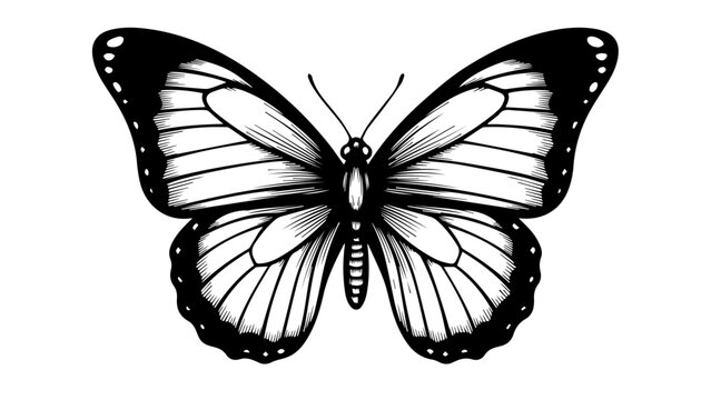 High-contrast monochromatic illustration of a butterfly with intricate black-and-white pattern