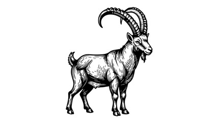 Majestic goat illustration with detailed horns and expressive face in black and white
