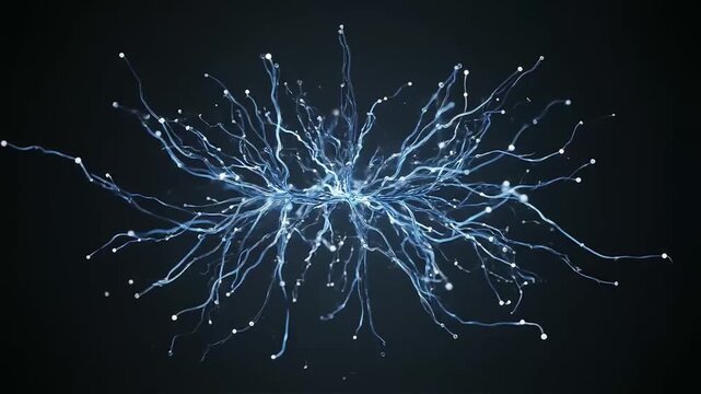 detailed central cell with branching dendrites, soft lighting, deep blue background, close-up scientific illustration view