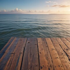 Fototapeta premium Ocean waves gently lapping at a weathered wooden pier on a serene lake shore , wood, ocean, wave