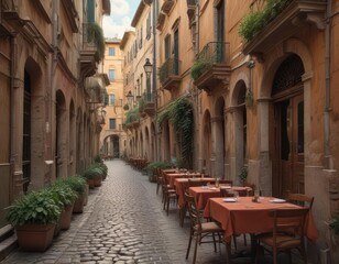 Fototapeta premium Old narrow street with restaurant tables in Rome, Italy, surrounded by ancient buildings and landmarks , building, historic, cityscape