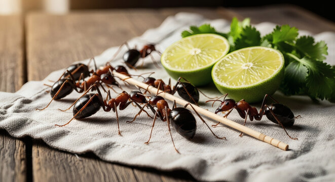 Hormigas Culonas on Rustic Linen Table with Lime and Cilantro