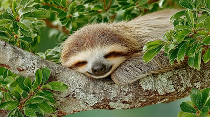 Obraz premium A sloth sleeping on a tree branch surrounded by green leaves.