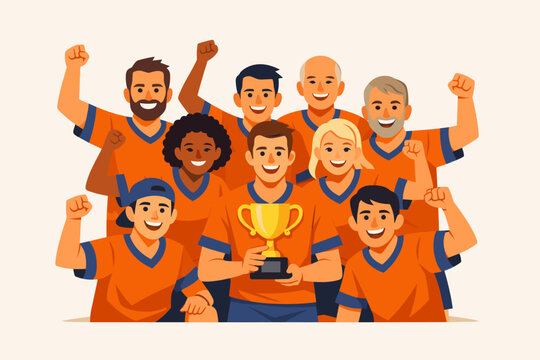 Diverse sports team celebrating victory with trophy
