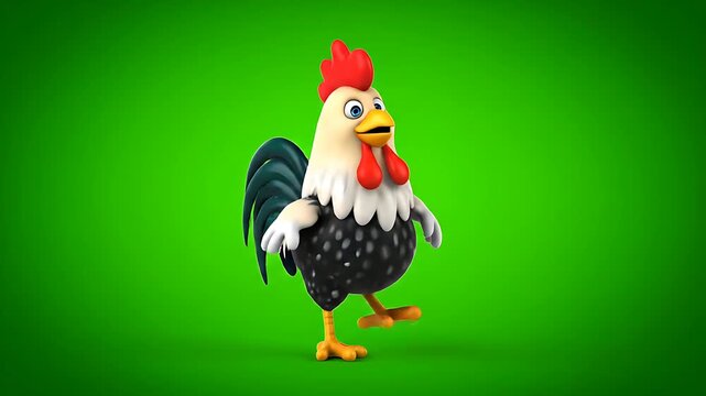 Fun cartoon rooster dancing on a green screen background