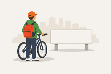Young male with bicycle and backpack looking at empty billboard in urban setting