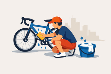 Young caucasian male washing bicycle outdoors with sponge and bucket