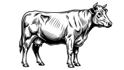Fototapeta premium Black and white illustration of a detailed anatomically accurate cow